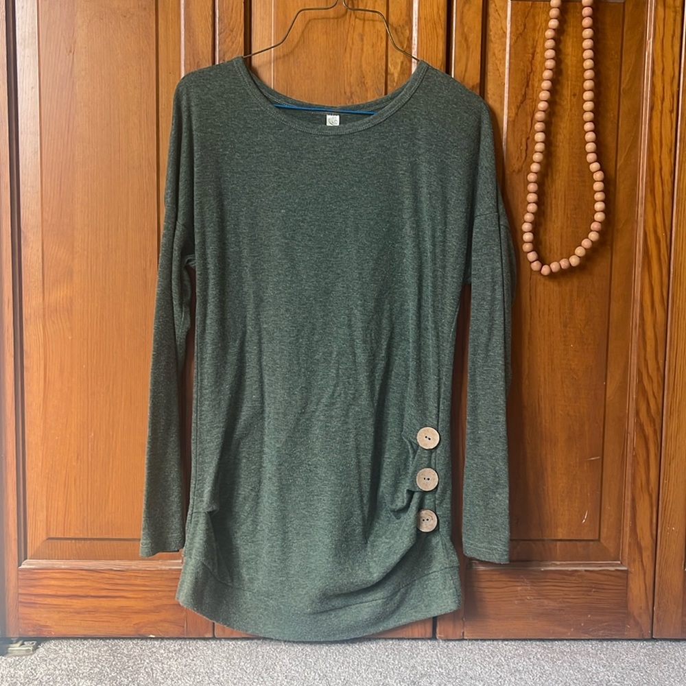 Sage green long sleeve shirt with rouched side and buttons, size small